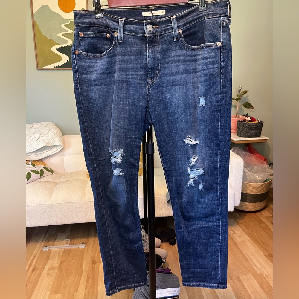 Levi's Dark Blue Distressed Boyfriend Jeans